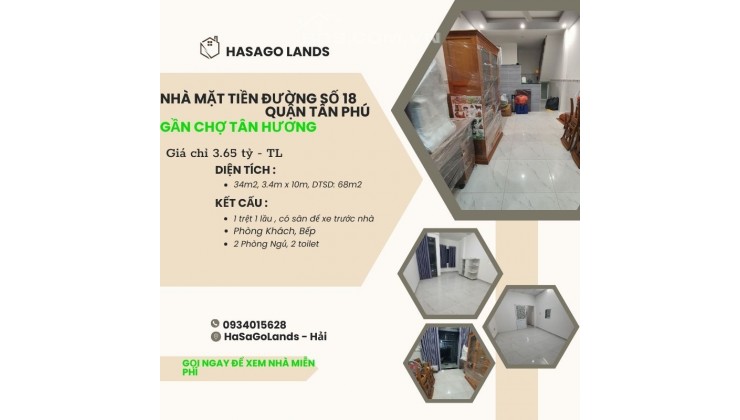 CỰC HIẾM Bán nhà Mặt Tiền gần chợ TÂN HƯƠNG 34m2, 2TẦNG, 3.65tỷ